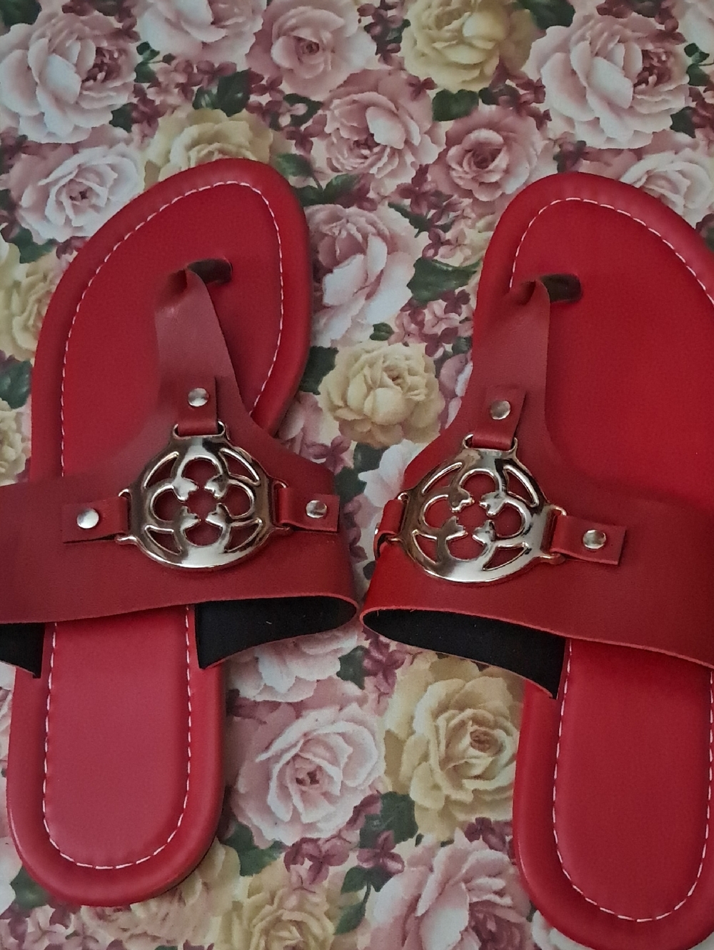 Red Women's Slide Sandals with Decorative Metal Accent. Size 11.5. Never Worn